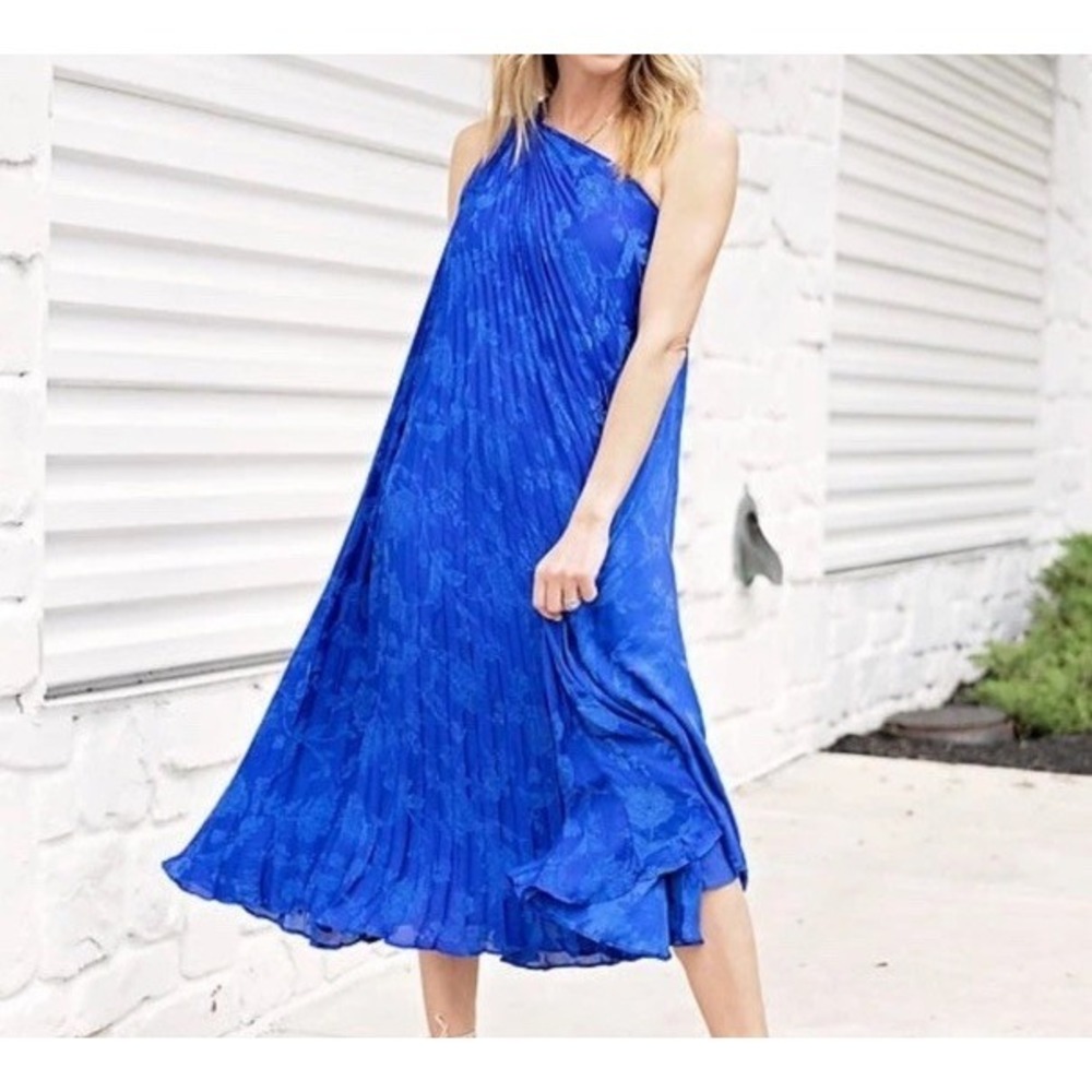 Banana Republic Size XSmall Radiant‎ One Shoulder Dress Blue Pleated Flowers